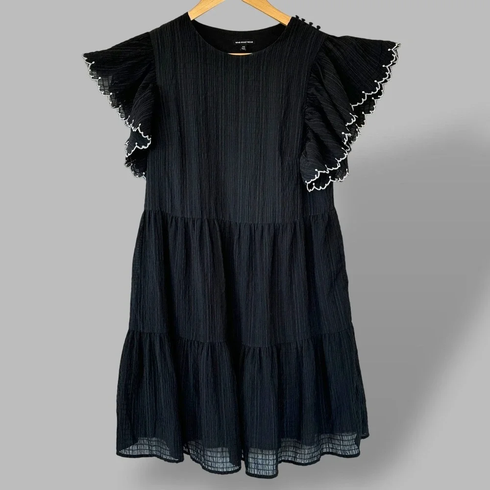 Who What Wear Tiered Ruffle Sleeve Dress Black Striped Size XS Mini Womens Party